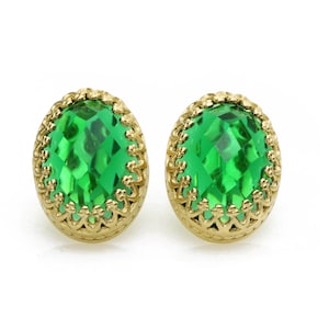 Gold Oval Emerald Earrings · 18k Gold Earrings · May Birthstone Earrings · Shiny Gold Green Earrings · Stud Earrings For Women