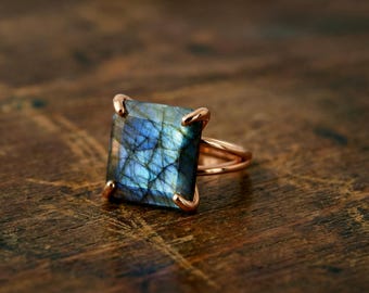 Square Cut Labradorite Ring · Rose Gold Metal · Large Statement Jewelry Gift