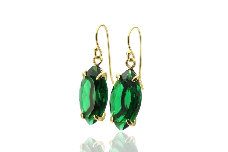 Green Emerald Marquise Earrings Gold Dangle Earrings May Birthstone Earrings Minimalist Prong Earrings 18k Solid Gold Earrings image 2