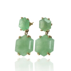 One of A Kind Gemstone Earrings · Gold Dangle Aventurine Earrings · Green Aventurine 18k Earrings · Hexagon Bridal Earrings Dangle image 4