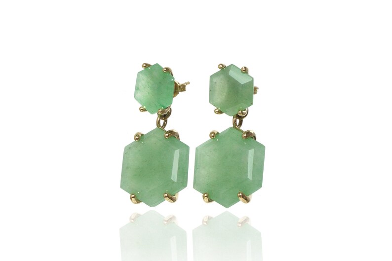 One of A Kind Gemstone Earrings · Gold Dangle Aventurine Earrings · Green Aventurine 18k Earrings · Hexagon Bridal Earrings Dangle image 4