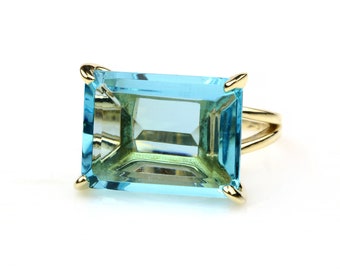 Blue Topaz Ring · Wide Rectangle Ring · Gold ring · 14k Solid Gold Ring · Gemstone Ring · October Birthstone Ring · Blue Topaz Cocktail Ring