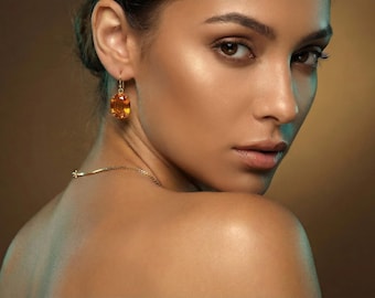 14k Gold Citrine Earrings • Large Oval November Birthstone