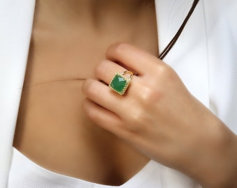 Green Aventurine Ring · Gold Gemstone Ring · Square Ring For Women · Gifts For Her Ring · Vintage Green Ring · Healing Ring