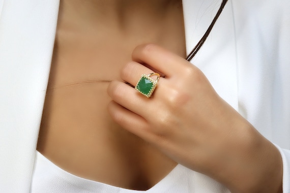 Green Aventurine Ring · Gold Gemstone Ring · Square Ring For Women · Gifts For Her Ring · Vintage Green Ring · Healing Ring