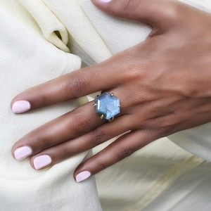 925 Sterling Silver Labradorite Ring  · Hexagonal Gemstone Ring · Semiprecious Custom Ring · White Gold Ring · Bridal Ring Silver