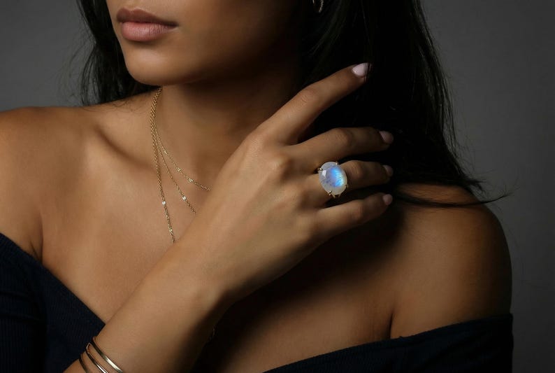 June Birthstone · Rainbow Moonstone Oval Cut Ring · Gemstone Calmness Handmade Jewelry image 3