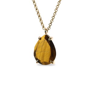 May include: A gold chain necklace with a teardrop-shaped tiger's eye gemstone pendant.