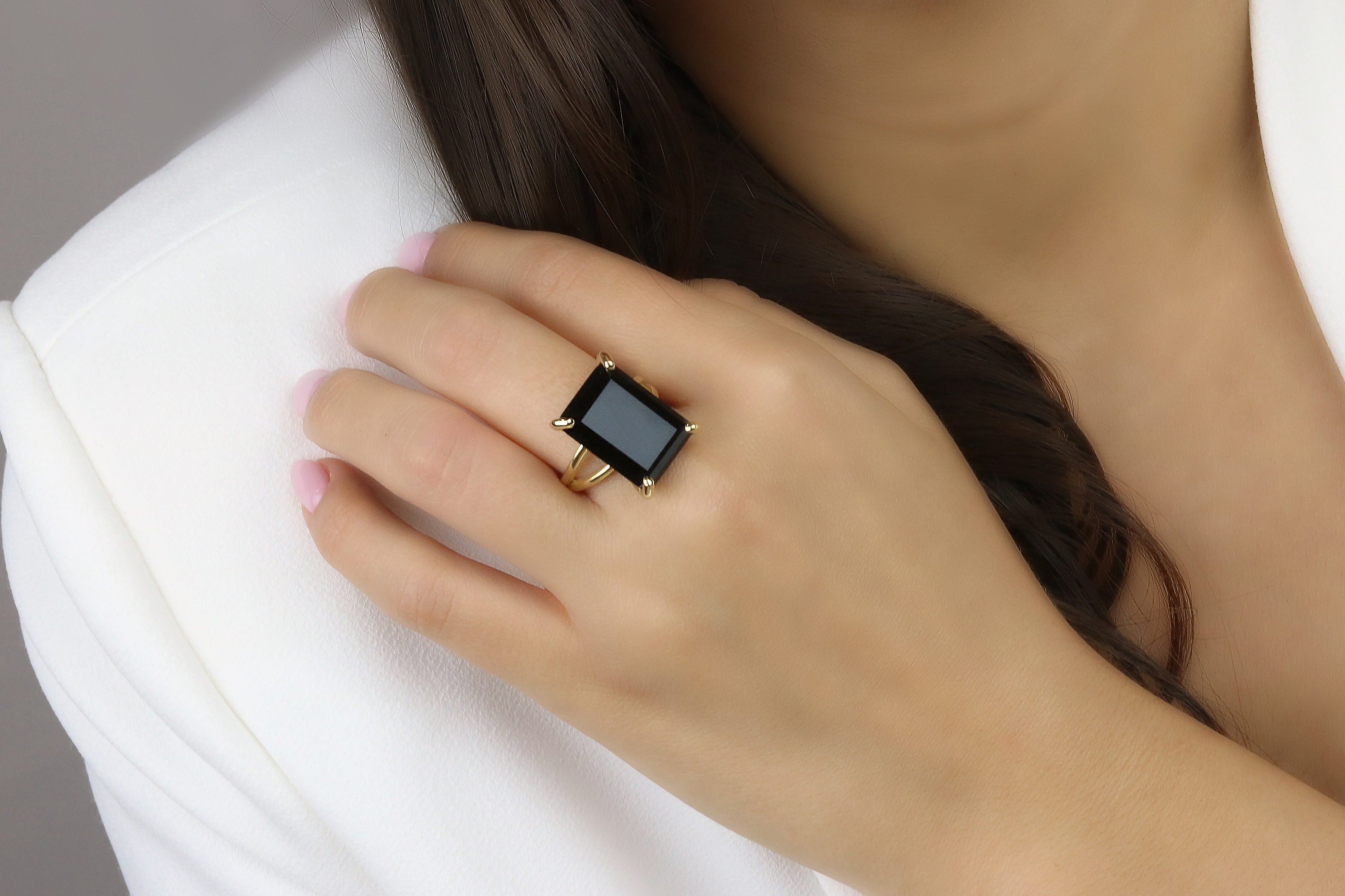 Black Onyx Ring Gemstone Ring Gold Ring Rectangle Ring picture