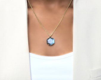 Labradorite Hexagon Necklace · Long Chain Necklace · Vermeil Gemstone Necklace · Vintage Semiprecious Necklace · Women Necklaces