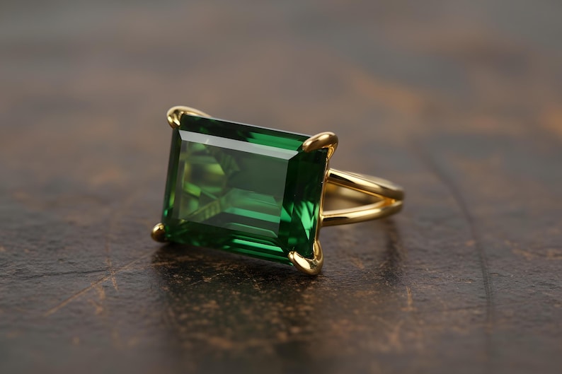 Silver Emerald Ring · Green Emerald Ring · 925 Rectangle Ring · May Birthstone Ring · Large Wide Prong Ring image 5