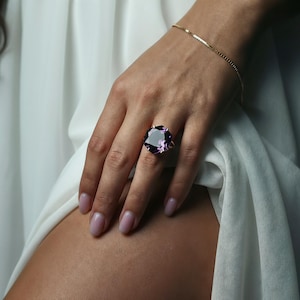 Double Band Amethyst Ring · February Birthstone Ring · 14k Gold Hexagon Ring · Gold Statement Ring