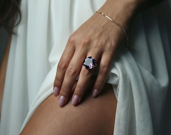 Double Band Amethyst Ring · February Birthstone Ring · 14k Gold Hexagon Ring · Gold Statement Ring