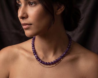 Amethyst Beaded Necklace • Smooth Round Gemstone • February Birthstone • 14k Gold Necklace