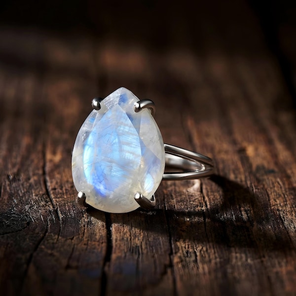 Anillo de pera con piedra lunar · Joyería llamativa de plata de ley 925 · Piedra de nacimiento de junio