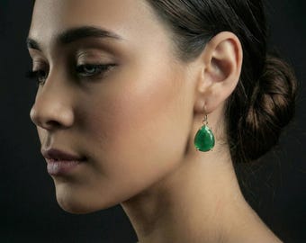 Green Onyx Pear Earrings • 14k Gold Dangle Earrings