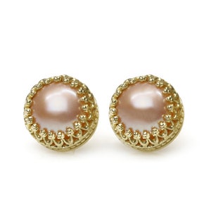 Pink Pearl Earrings · Post Stud Earrings · Gold Studs · Pearl Post Earrings · 14k Gold Pearl Earrings