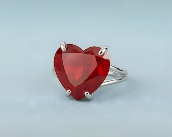 Sterling Silver Ruby Ring - Heart Shape Solitaire - July Birthstone Red Gemstone Jewelry for Women