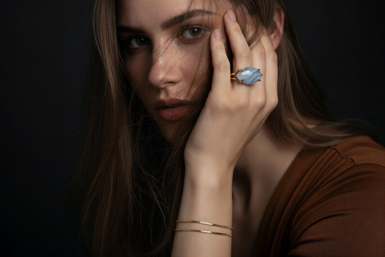 Blue Lace Agate Ring · Large Marquise Ring · Sterling Silver Gemstone Ring · Gift For Mom · 925 Silver Stone Ring · Natural Gem Ring image 2