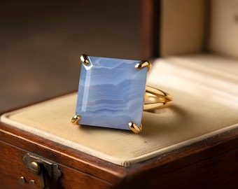 Blue Lace Agate Ring · Square Cut Ring · Handmade Rings · BFF Ring · Gold Statement Ring · Ring With Large Gemstone · 14k Gold Ring