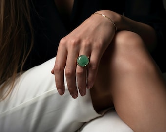 Natural Green Aventurine Ring · 14k Gold Big Solitaire Ring · Green Gemstone Ring · Gold Vintage Ring