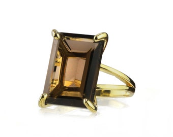 Gold Smoky Quartz Ring · Rectangle Ring · Brown Quartz Ring · Gold Ring · Solid Gold Ring · Statement Ring · Wow Ring ·Brown Ring