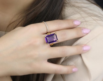 Statement Ring · Gold Cocktail Ring · 14k Amethyst Ring · Gold Filled Ring · Vintage Birthstone Ring · Emerald Cut Ring