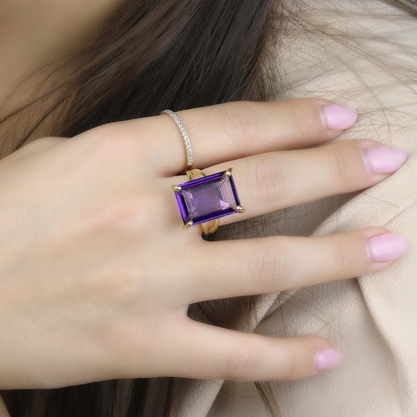 Statement Ring · Gold Cocktail Ring · 14k Amethyst Ring · Gold Filled Ring · Vintage Birthstone Ring · Emerald Cut Ring