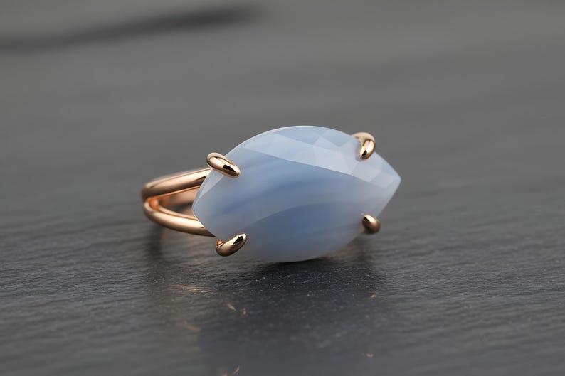 Blue Lace Agate Ring · Large Marquise Ring · Sterling Silver Gemstone Ring · Gift For Mom · 925 Silver Stone Ring · Natural Gem Ring image 7