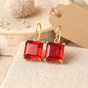 Square Ruby Earrings • Princess Cut • Prong Handmade • 14k Gold Jewelry