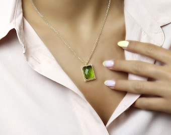 Peridot Necklace  · Long Rectangle Necklace · Green Pendant Necklace · 14k Gold Filled Pendant · Custom Vintage Jewelry