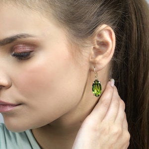 Long Marquise Cut Peridot Dangle Earrings · August Birthstone Green Gemstone Earrings · Handmade Gold Earrings for Women