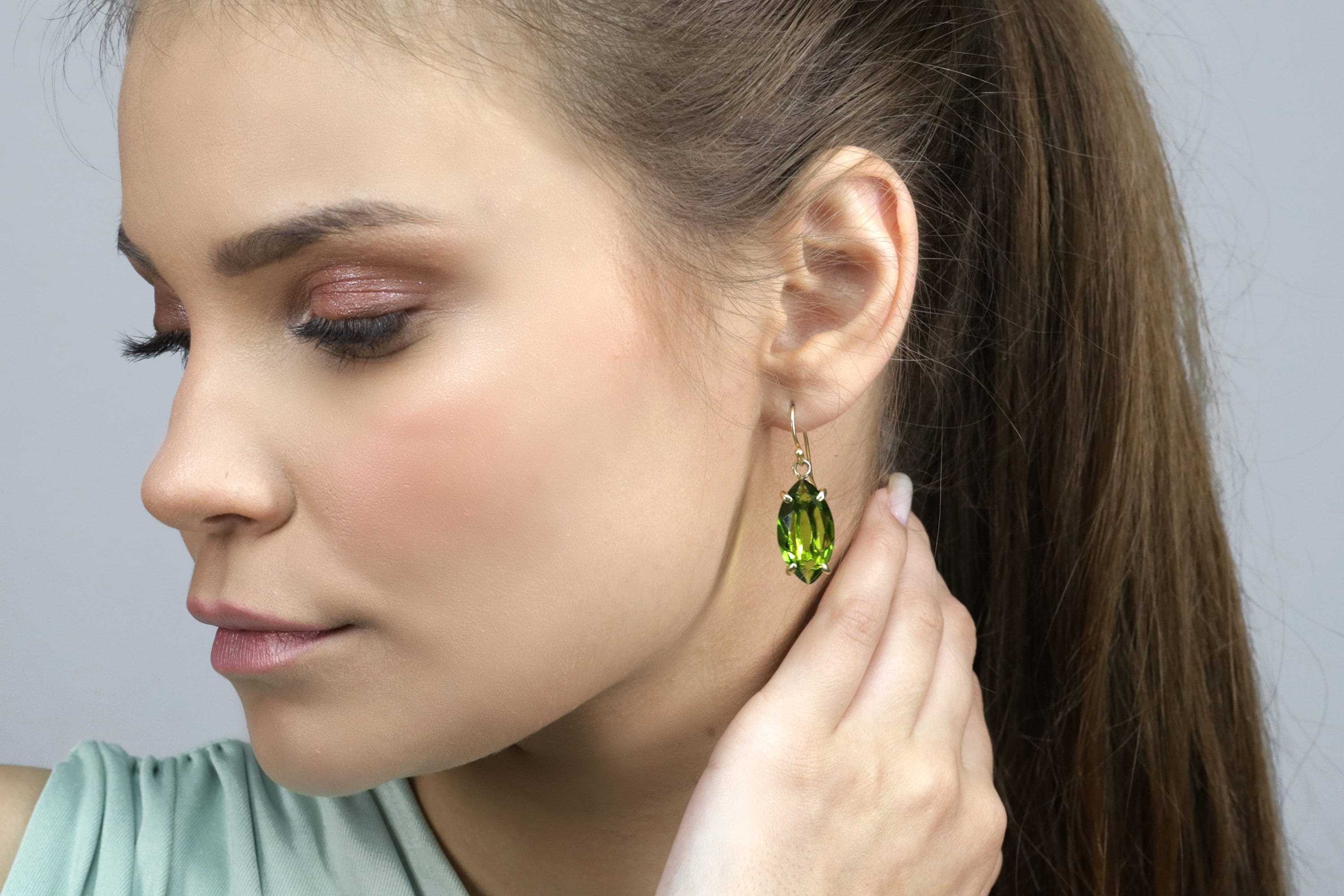 Long Marquise Cut Peridot Dangle Earrings · August Birthstone Green Gemstone Earrings · Handmade Gold Earrings for Women