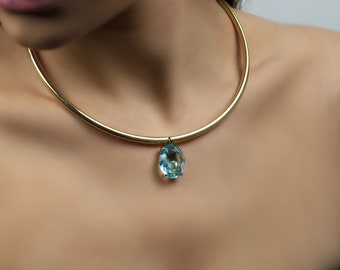 Gold Tribal Necklace · Blue Topaz Pendant · November Birthstone Statement Choker · Custom Tubes Pendant Necklace for Women