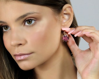 Pink Rhodonite Dangle Earrings · Gold Statement Earrings · 14k Solid Gold Gemstone Earrings · Semiprecious Cut Earrings
