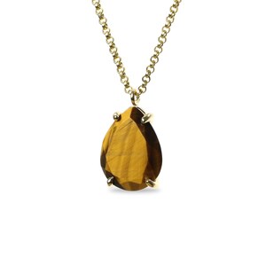 May include: A gold chain necklace with a teardrop-shaped tiger's eye pendant.