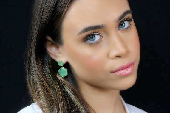 One of A Kind Gemstone Earrings · Gold Dangle Aventurine Earrings · Green Aventurine 18k Earrings · Hexagon Bridal Earrings Dangle