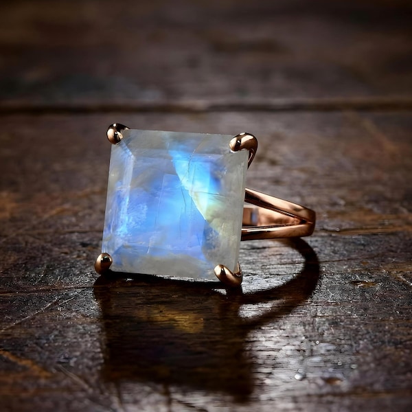 Anillo cuadrado de piedra lunar arcoíris · Anillo doble de oro rosa con piedra natal de junio