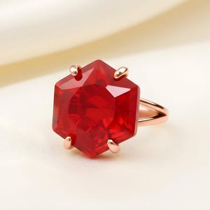 Rose Gold Ruby Ring · Hexagon Cut Gemstone Ring · July Birthstone Jewelry · Rose Gold Vermeil Cocktail Ring · Red Ruby Statement Ring