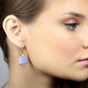 Blue Lace Agate Earrings · Trillion Shape Gold Earrings · Dangle Gemstone Earrings · Blue Purple 4 Prong Stone Earrings
