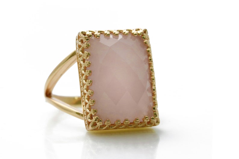 Rose Quartz Ring Large Cocktail Ring Rectangular Ring Rose Gold Ring Statement Ring Gemstone Ring Love Ring Lovers Ring image 7