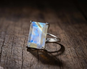 925 Sterling Silver Rainbow Moonstone Ring · Natural Semiprecious Stone June Birthstone Jewelry