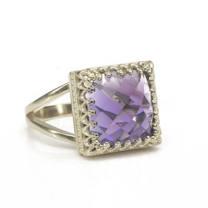 Amethyst Ring · Silver Gemstone Ring · Square Ring · Purple Ring · February Birthstone Ring · Double Band Ring