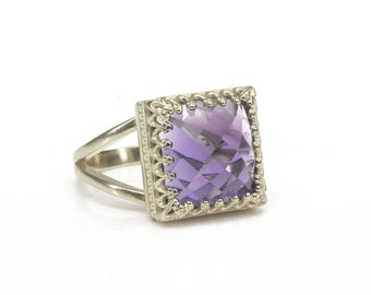 Amethyst Ring · Silver Gemstone Ring · Square Ring · Purple Ring · February Birthstone Ring · Double Band Ring