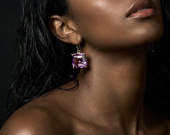 February Birthstone Amethyst Earrings · Square Cut Earrings · Purple Gemstone Earrings · Bridesmaid Gifts · Deep Purple Stone Earrings