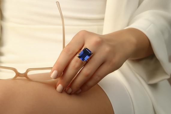 Rectangular Sapphire Ring · 14k Gold Sapphire Ring · 14k Emerald Cut Ring · Deep Blue Ring · Gold Rectangle Ring