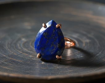 Lapis Lazuli Pear Ring · 14k Rose Gold · Teardrop Gemstone · Statement September Birthstone Jewelry