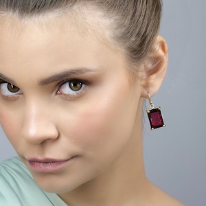 Rectangular Garnet Gold Dangle Earrings · January Birthstone Earrings · 18k Gemstone Earrings · Prong Set Semiprecious Earrings