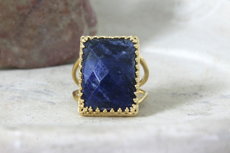 Sodalite ring,rectangular gold ring,statement ring,double band ring,gemstone ring,healing ring