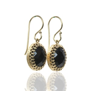 Genuine Black Onyx Earrings · Artisan Crafted Oval Drop Earrings · Women Jewelry Gift · Gold & Black Gemstone Earrings